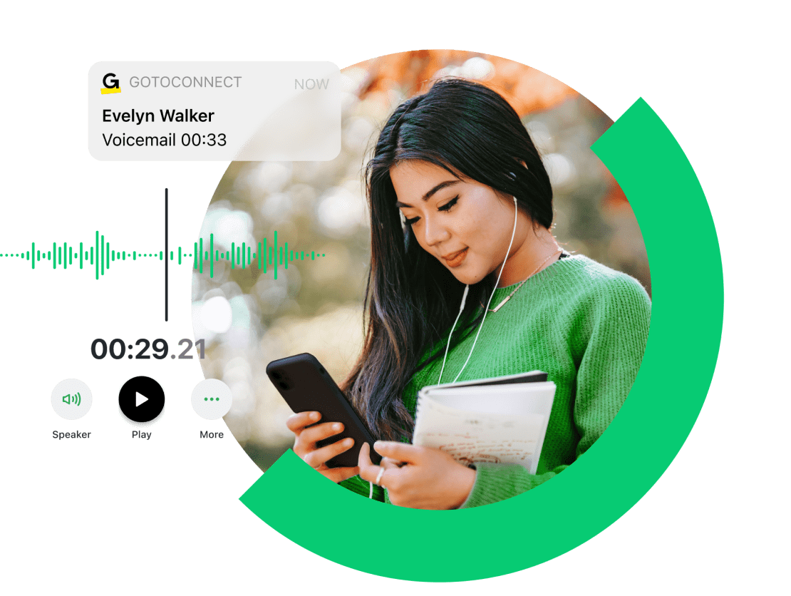 Collage of remote employee listening to voicemail while on the go, with voicemail playback options and message duration. 