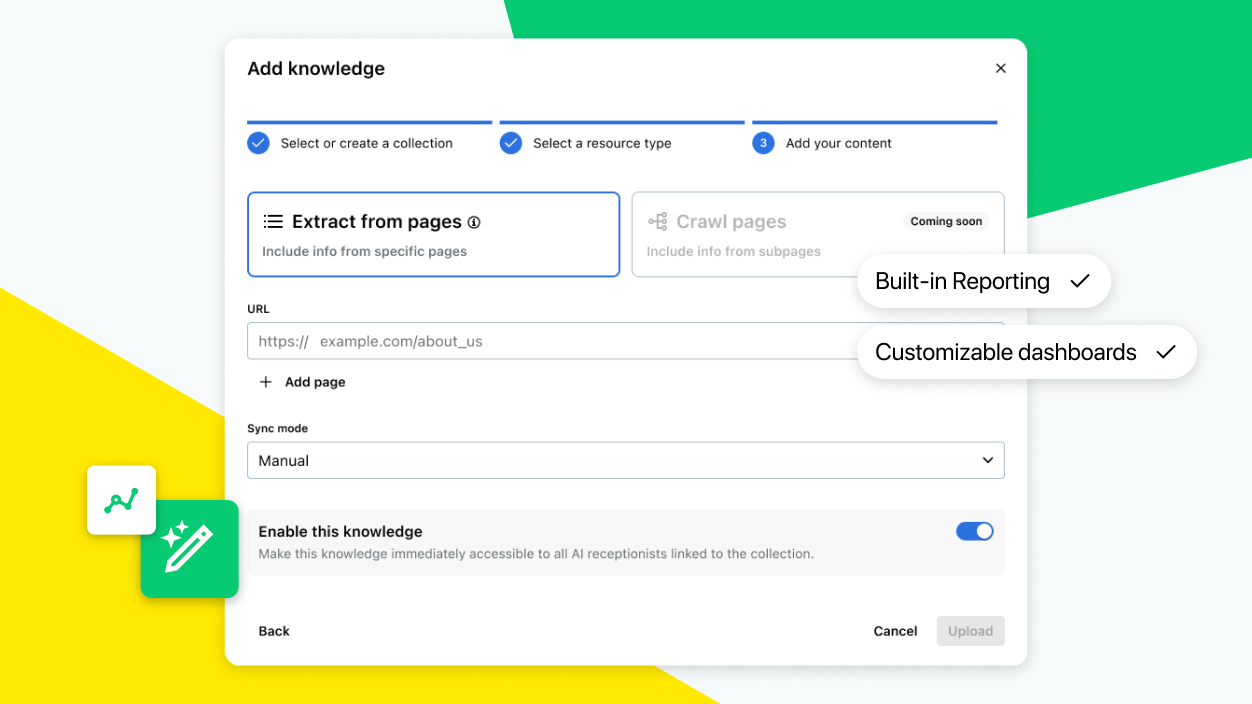  Knowledge ingestion panel with fields for adding sources, extracting content from webpages, uploading documents, and managing knowledge entries.