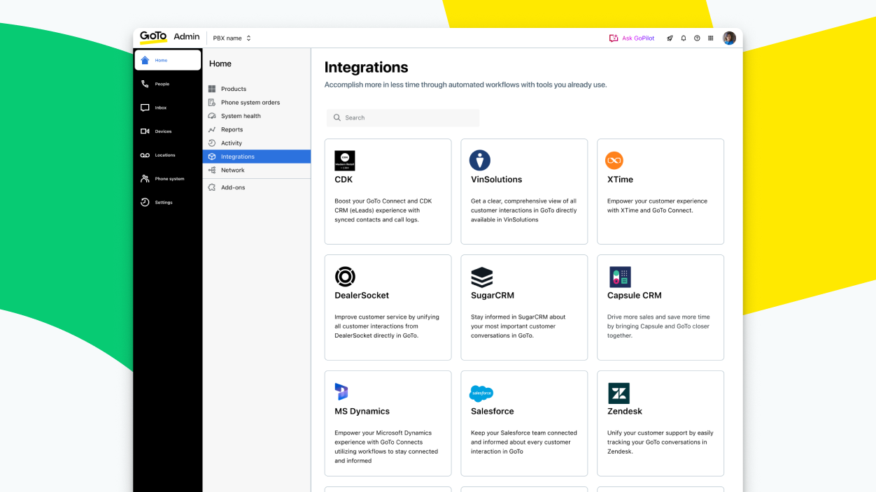  Integrations page showing CRM and automotive apps in a grid layout with icons, descriptions, and install options.