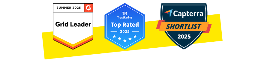 Grid Leader, Trust Radius Top Rated and Capterra Shortlist badges.