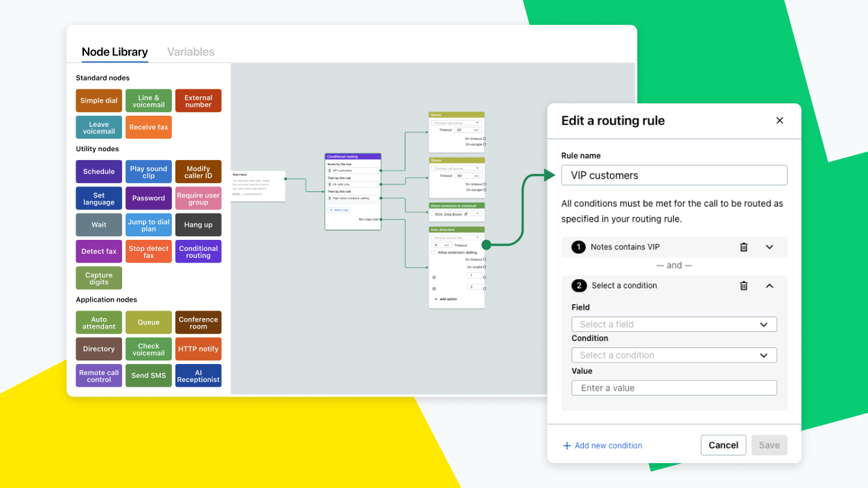  A workflow builder featuring a conditional routing node with color-coded logic branches and an editor for routing rules.
