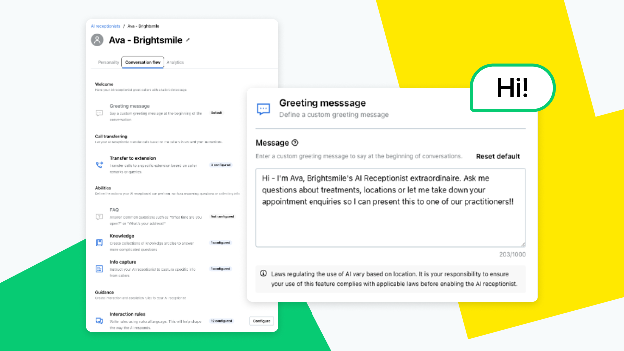  Settings panel that allows customization of greeting messages used by the AI receptionist.