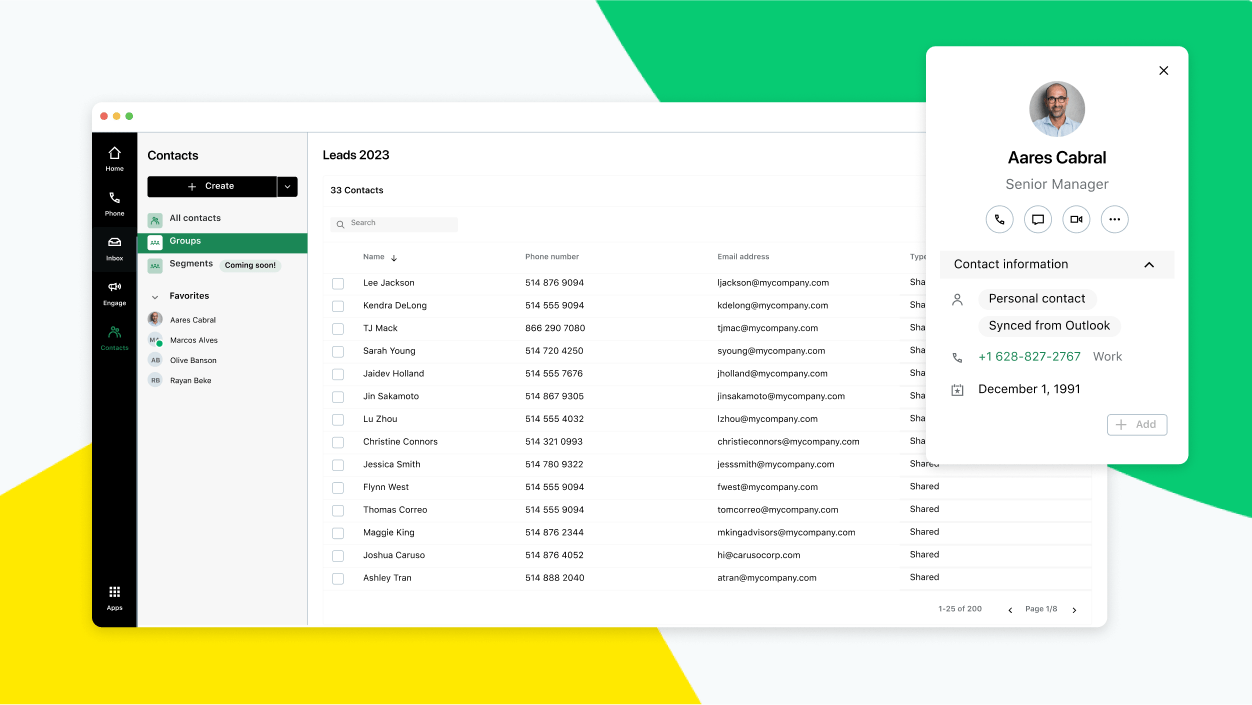 Screens showing the contacts interface for GoTo Connect.