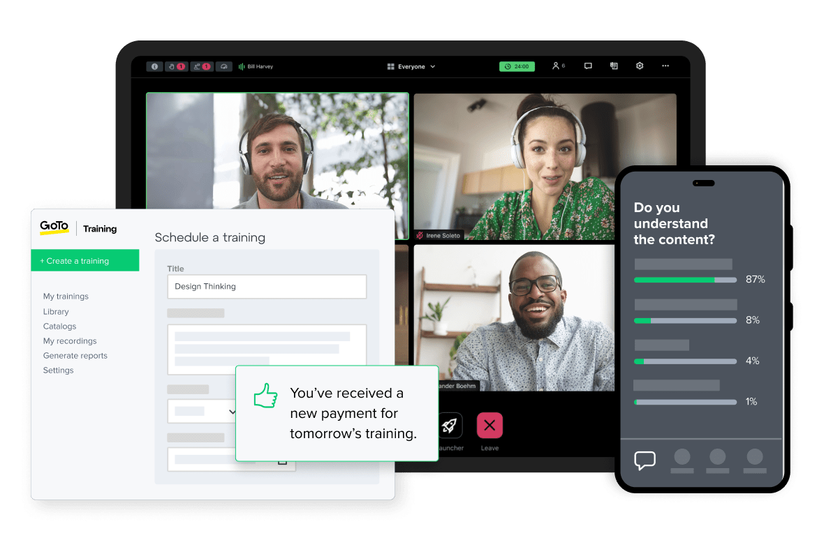 Screens showing participants on the GoTo Training platform and the interface for "Scheduling a training".