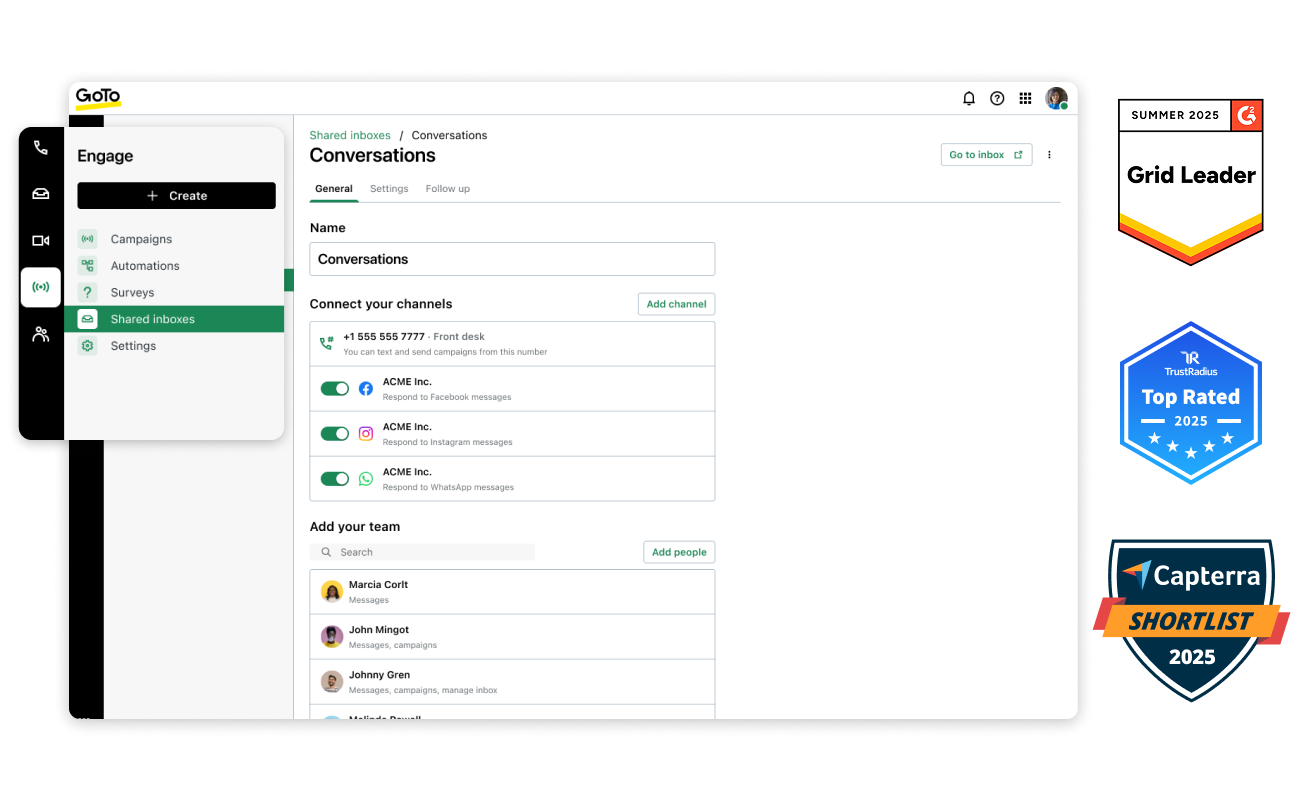 Award winning GoTo Connect's Shared Inboxes feature, displayed on the Conversations page, showcases options to connect channels like SMS and social media, and add team members.