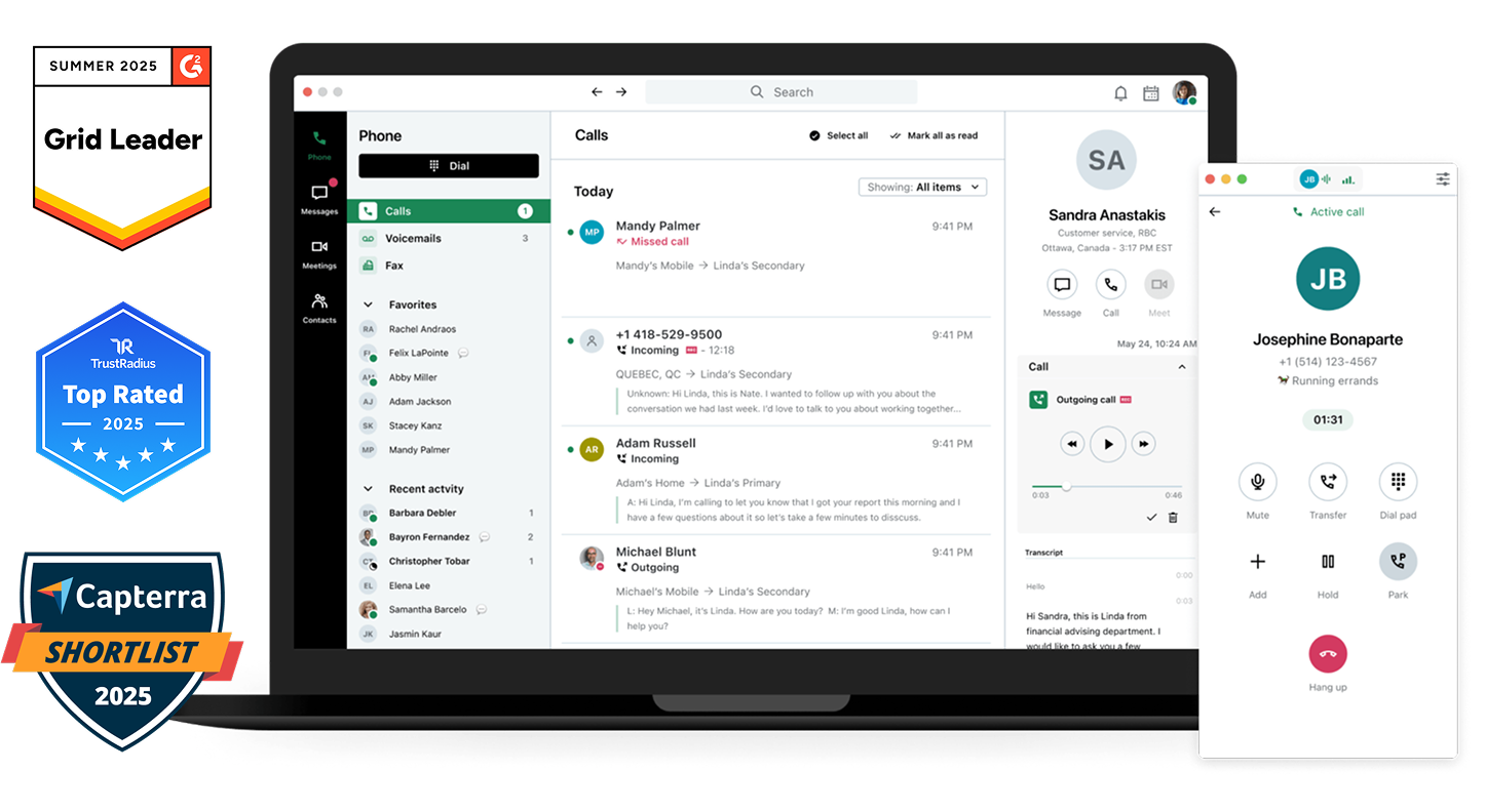 Image of the GoTo Connect’s contact center  dashboard, featuring Badges for G2 Leader Fall 2025, TrustRadius Best Value of Price of 2025, and Capterra Shortlist 2025.