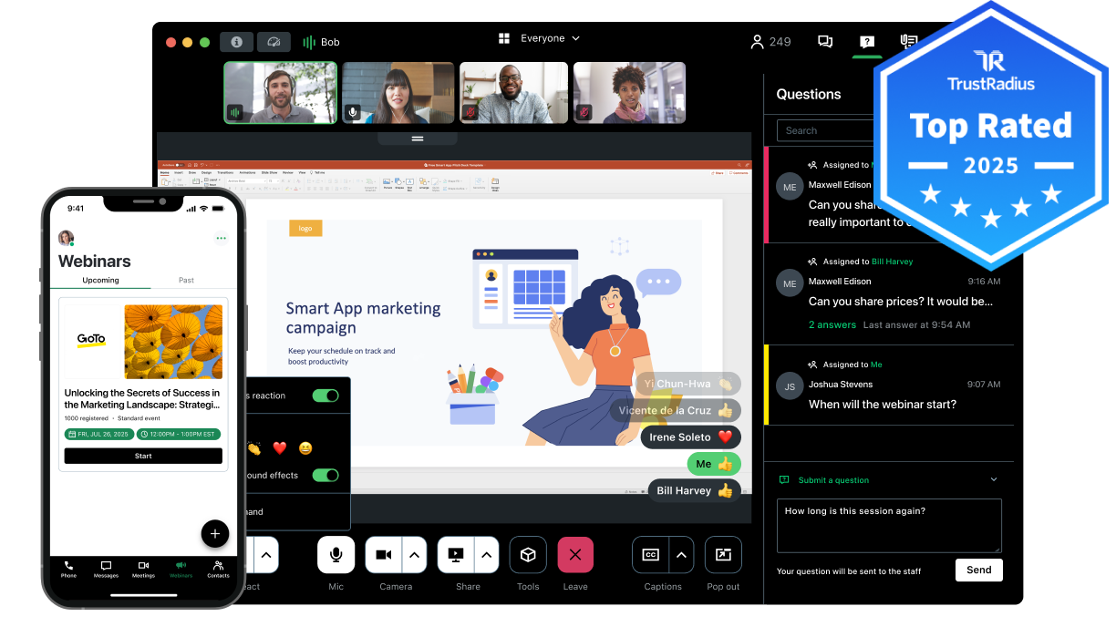 TrustRadius Top Rated GoTo Webinar interface showing a user hosting a webinar on desktop with an analytics dashboard in mobile view.
