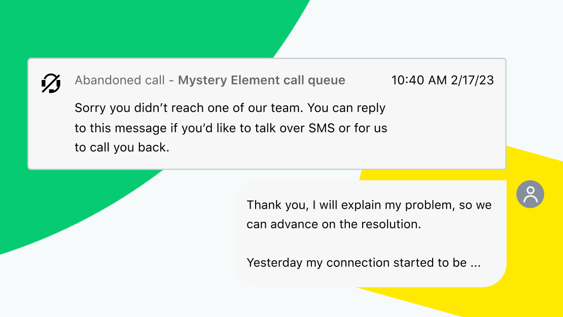 View of Automated SMS in GoTo Contact Center, with SMS reply from customer.