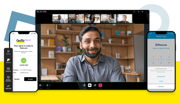 Arrangement of a desk phone, desktop meeting interface, and mobile phone showing all the ways you can use GoTo Connect, GoTo Resolve, and Rescue across different devices and places.
