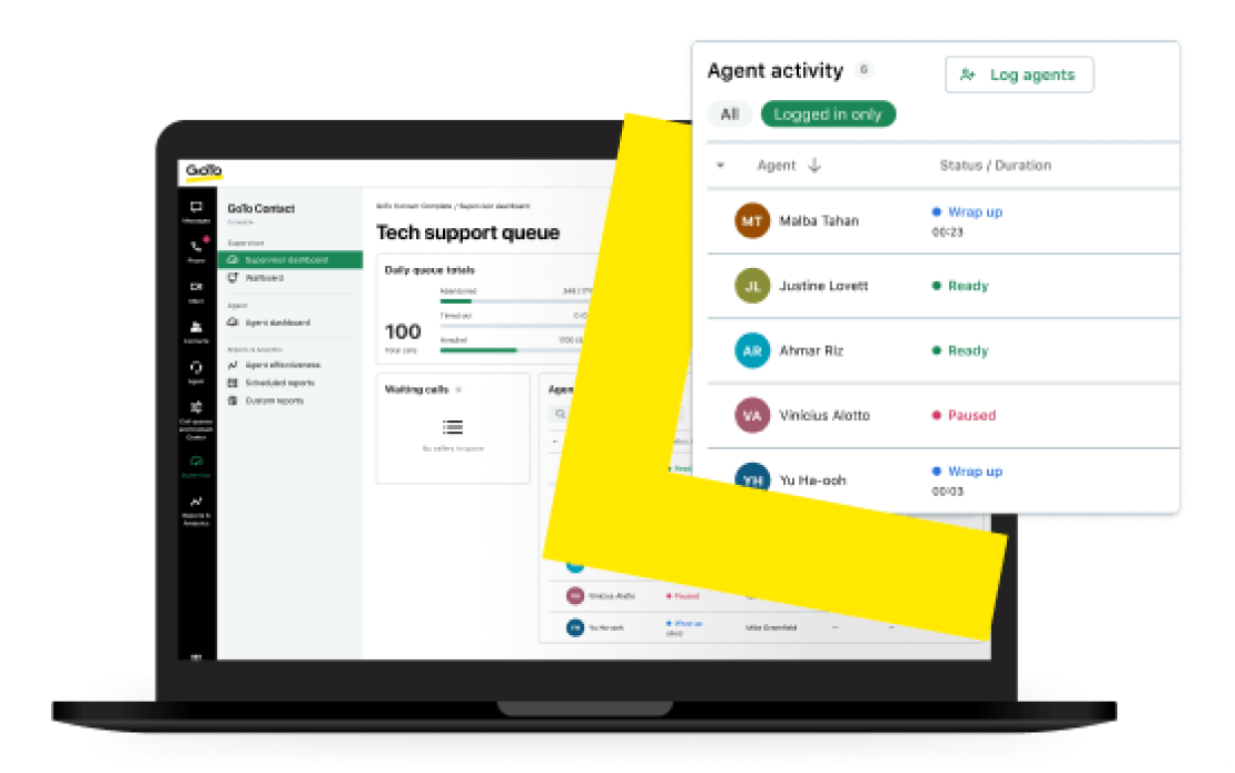 Laptop screen showing the tech support queue alongside a table tracking all agent activity.