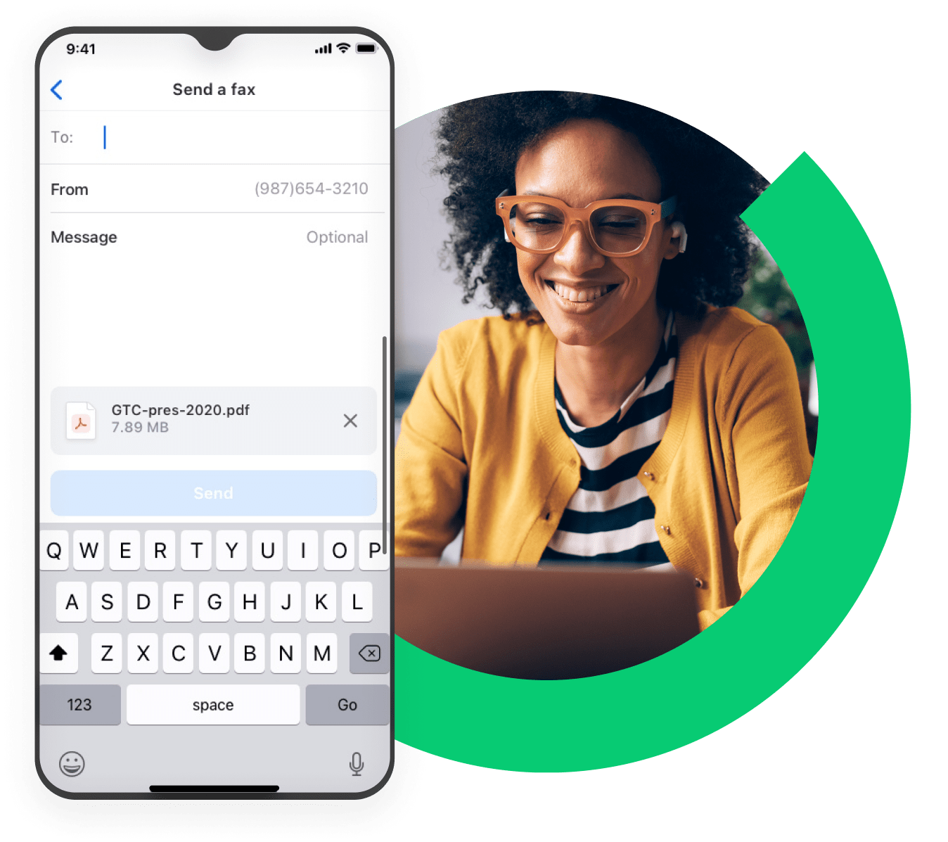 Collage with closeup of sending a fax with PDF attachment in GoTo Connect on a mobile phone, next to remote employee sending fax from her laptop while working from home.