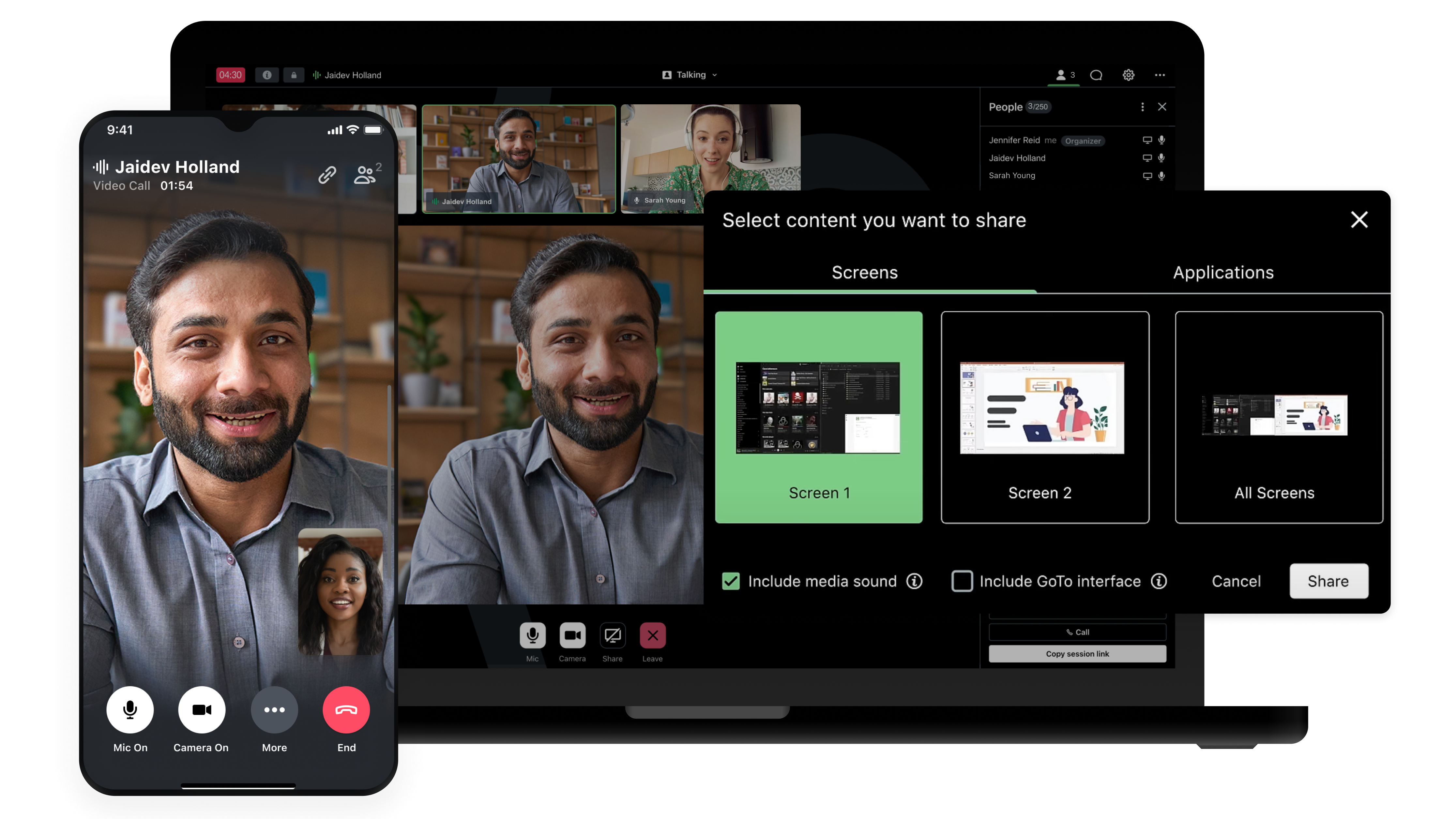Interface showing GoTo Meeting in session on both a mac labtop and mobile phone.