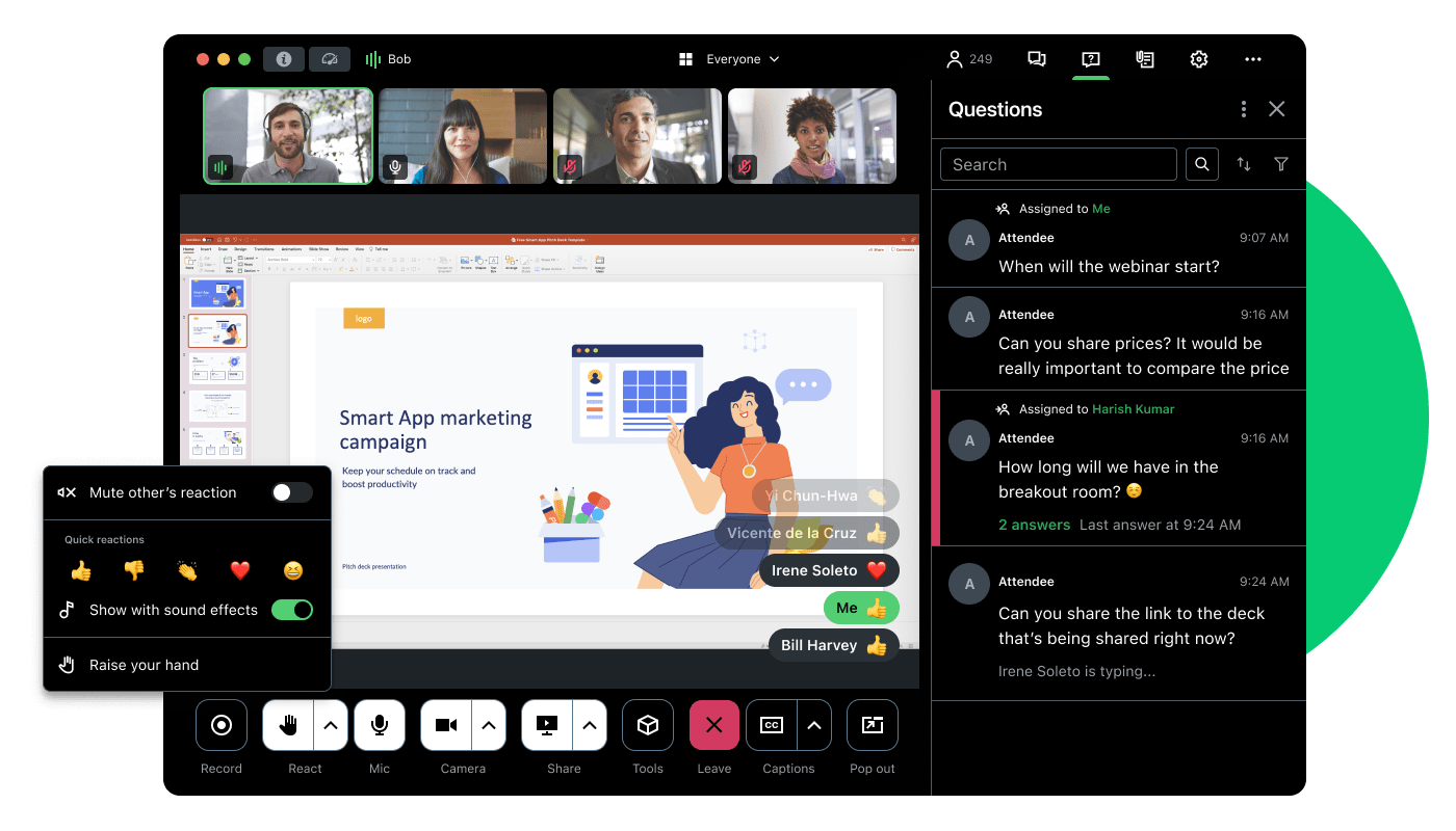 GoTo Webinar interface including participant video thumbnails, live chat questions, and interactive reactions.