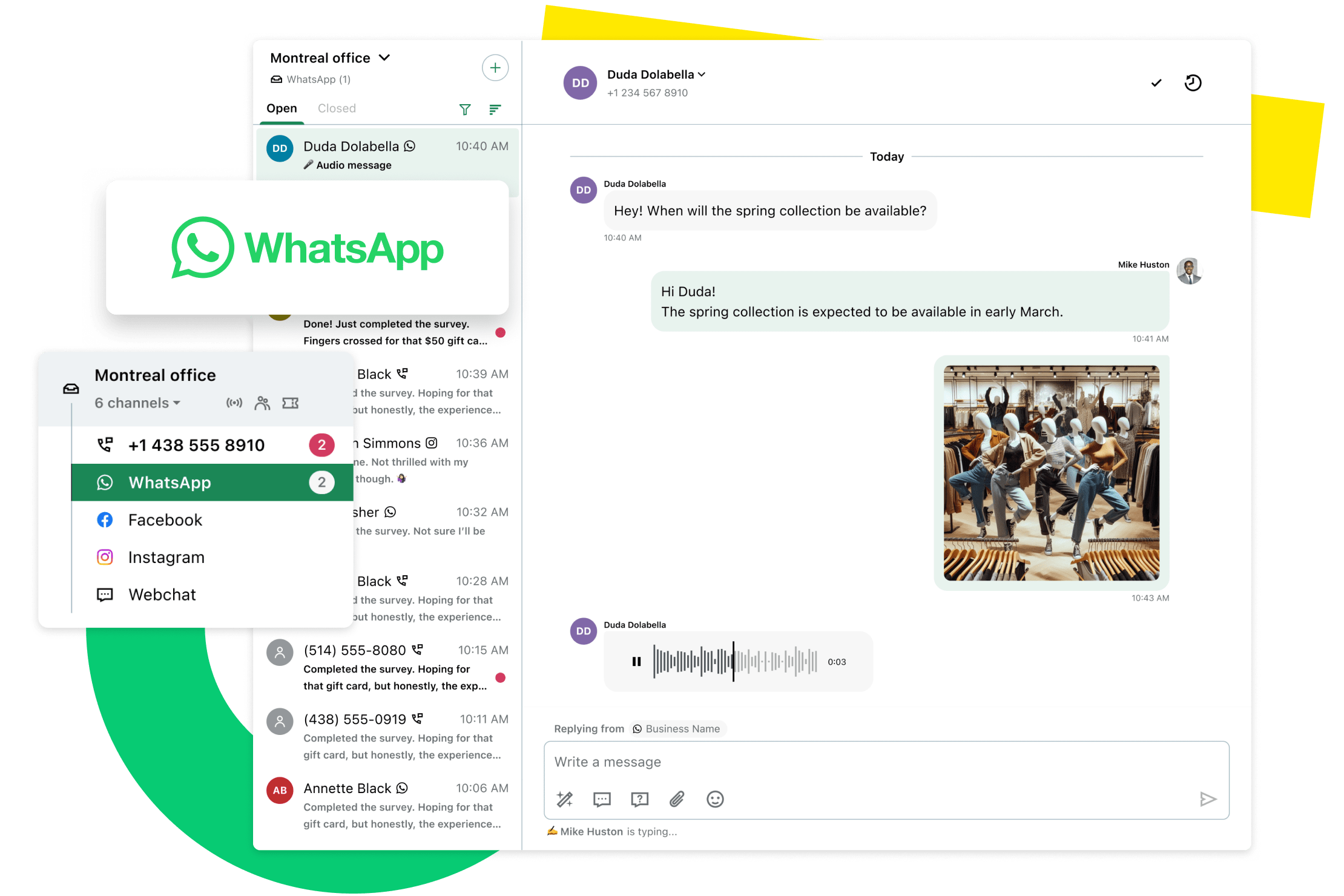 Screen showing GoTo Connect Customer Engagement's WhatsApp inbox with a real-time, personalized customer conversation.