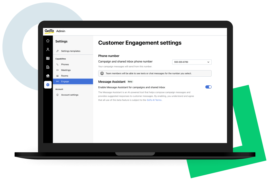 Screen showing message assistant settings for shared inboxes and campaigns with GoTo Connect Customer Engagement.