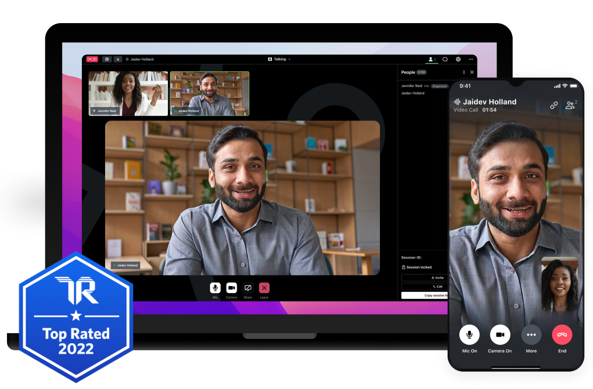 User interface for GoTo Meeting a TrustRadius Top Rated for 2022 and microphone used by meeting host.