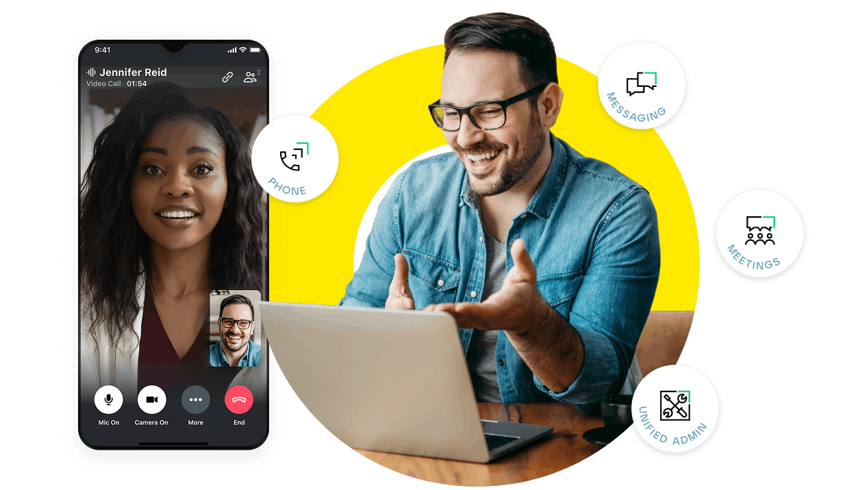 Unified communications platform illustrating a video call on a mobile and a person using a laptop, surrounded by icons representing phone, messaging, meetings, and unified admin tools.