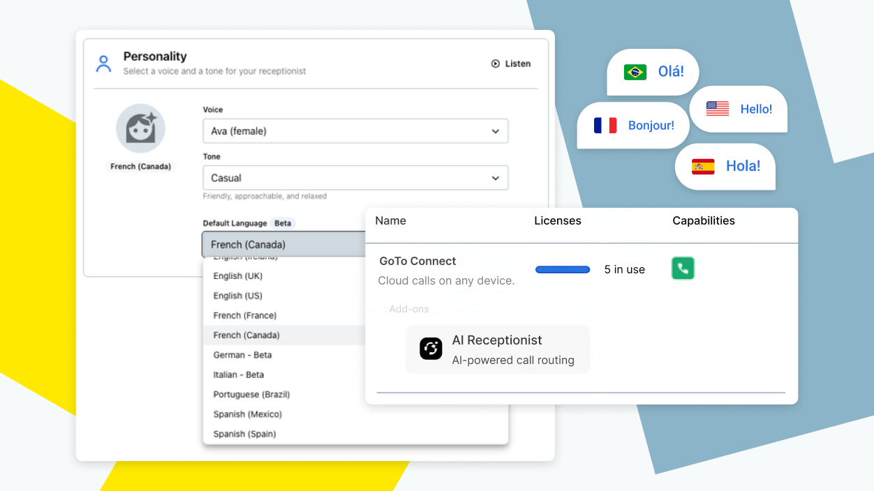 A language configuration interface showing multiple language options and settings for multilingual receptionist responses. 
