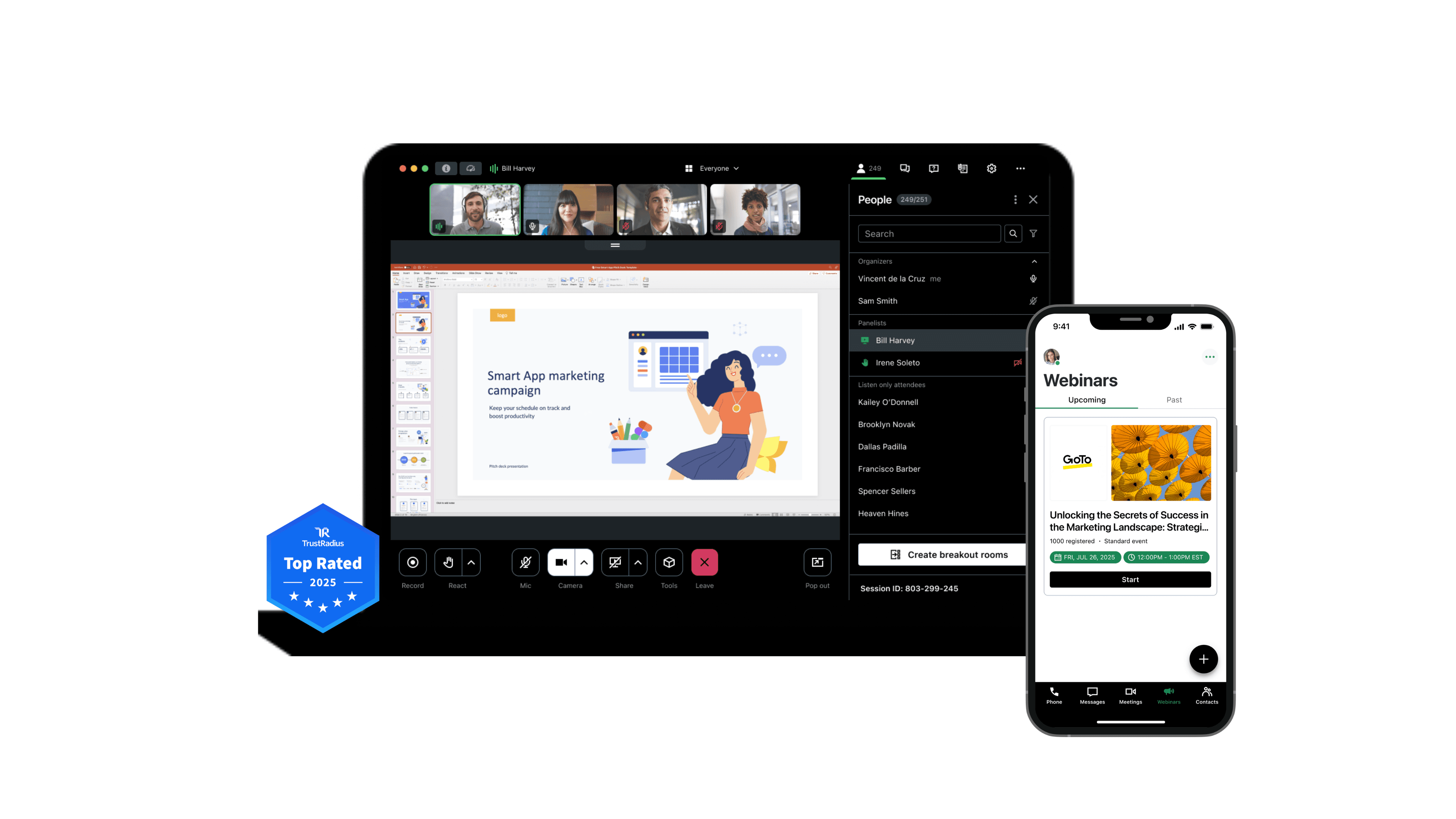 Webinar interface displayed on a tablet, featuring an active conversation; guests can join using mobile or laptop devices.