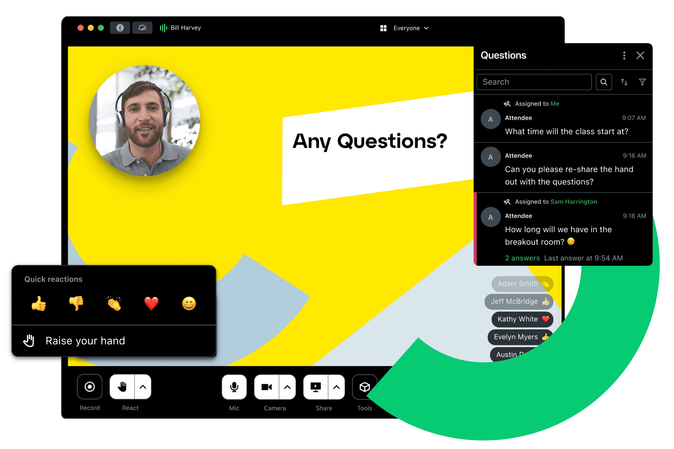 GoTo Webinar interface showing a webinar in progress, including participant live chat questions, and interactive quick reactions.