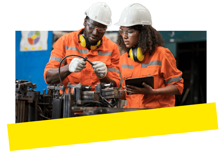 Two engineers are verifying the dimensional accuracy of a fixture with their production manager using GoTo Connect.