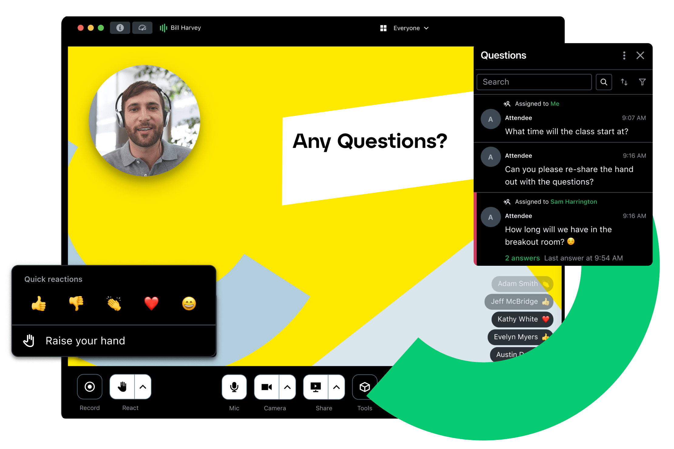 GoTo Webinar session displaying interactive features like live Q&A, quick reactions, and polls for engaging virtual lectures and events.