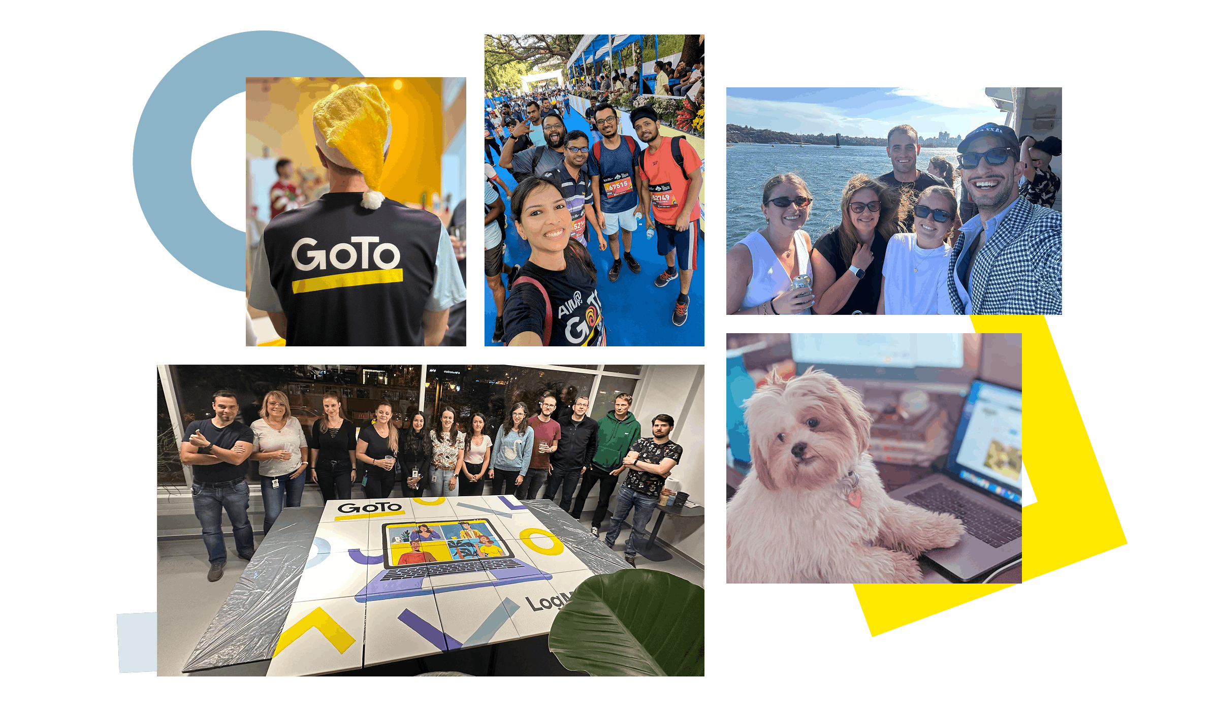 Collage of images focused around a flexible, remote-centric workplace