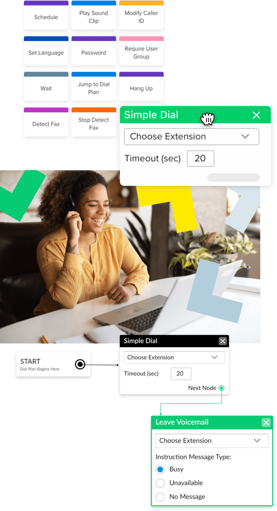 Interface showing GoTo Connect's easy to use, drag-and-drop dial plan editor.