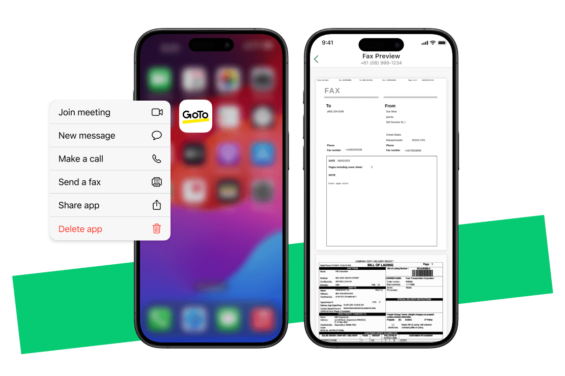 2 mobile devices showcasing GoTo Connect cloud phone system app that supports operations, virtual fax, and enables closing deals anywhere via voice, video.
