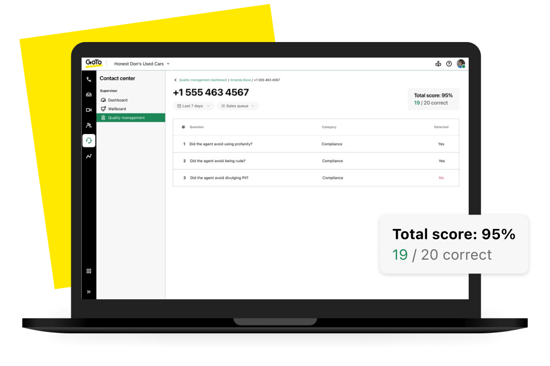 GoTo Contact Center AI Quality Management dashboard uses data-driven quality assurance to fairly evaluate agents, creating a trustworthy and supportive work environment.