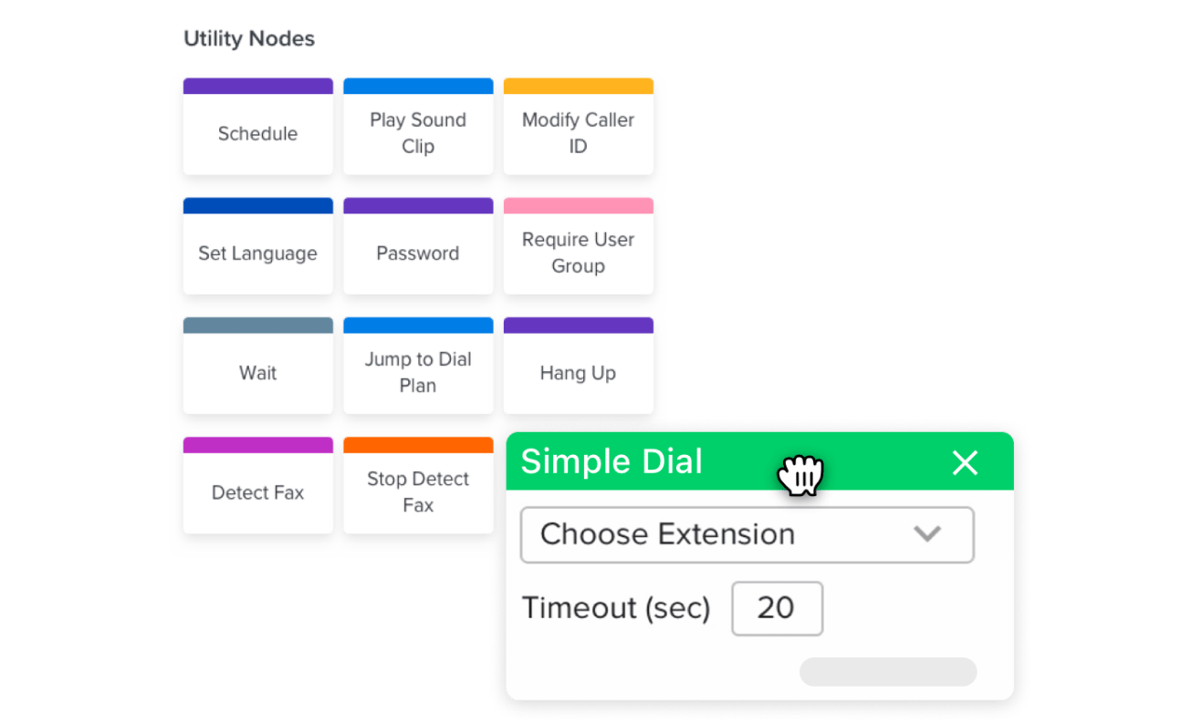 A collage of GoTo Connect’s Call Plan options, including scheduling, detecting faxes, language settings, and playing sound clips.