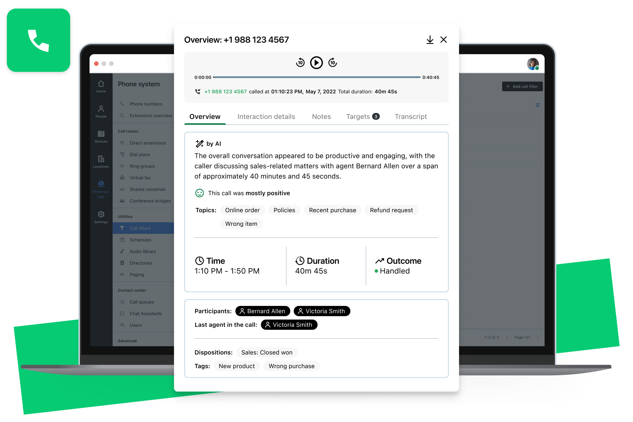 GoTo Connect AI Call Summary feature collage showing a laptop mockup with concise call summaries for faster decision-making.