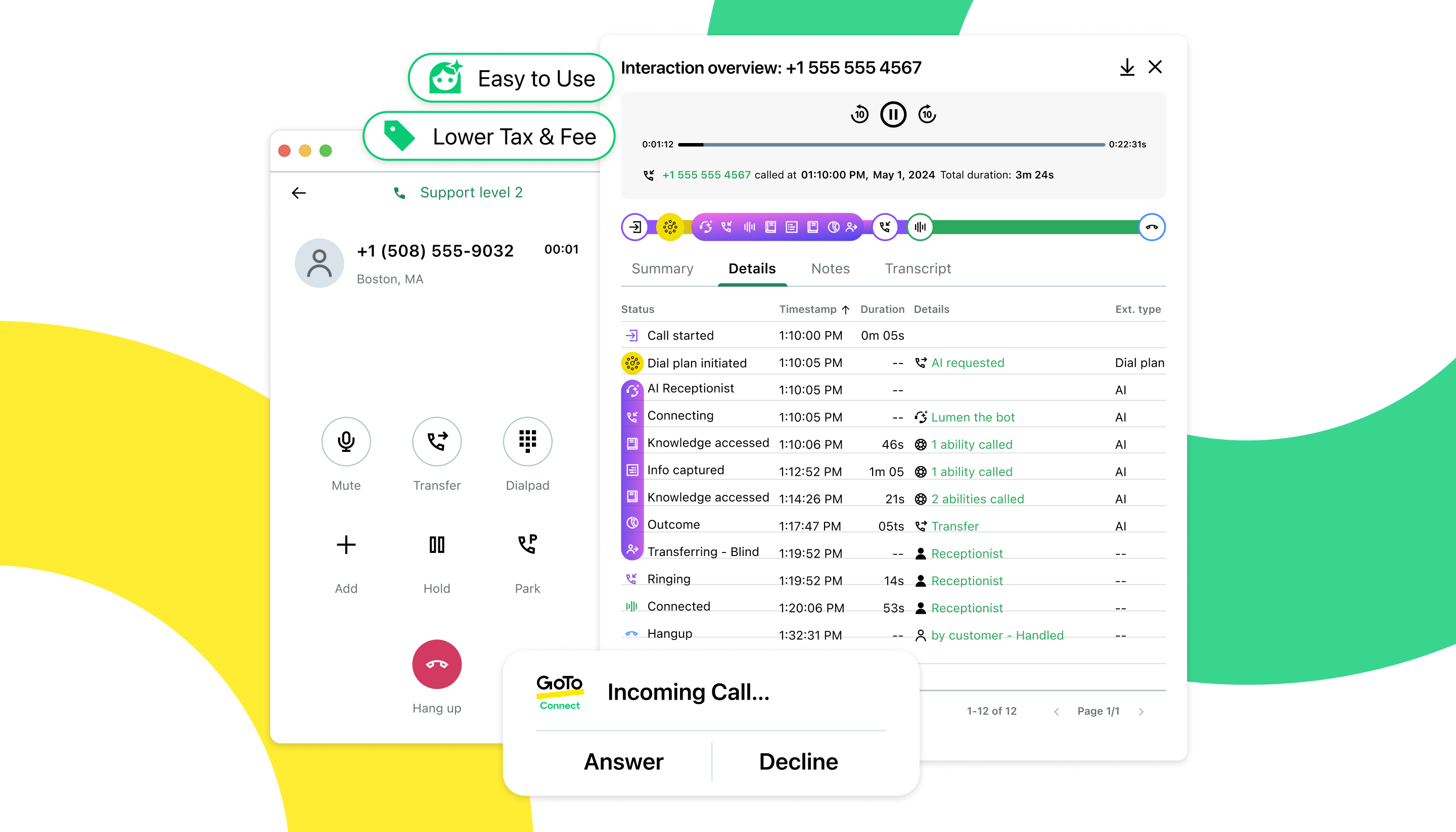 GoTo Connect displaying call activity and pricing transparency with no hidden fees