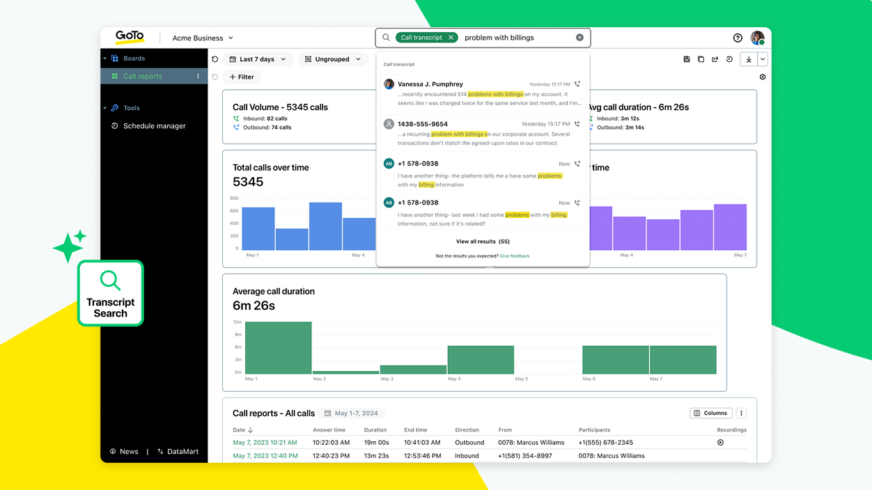  Transcript search interface highlighting key terms within call transcripts alongside search results and trend graphs.