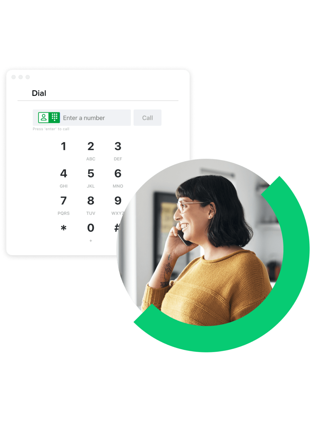 A collage showing the GoTo Connect dialpad, accessible on desktop and mobile