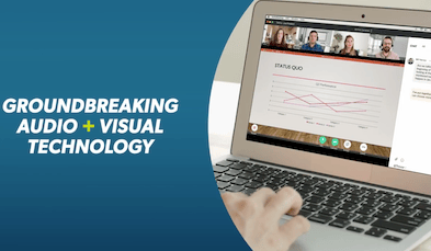GoToConnect being used on laptop with "Groundbreaking Audio + Visual Technology" caption